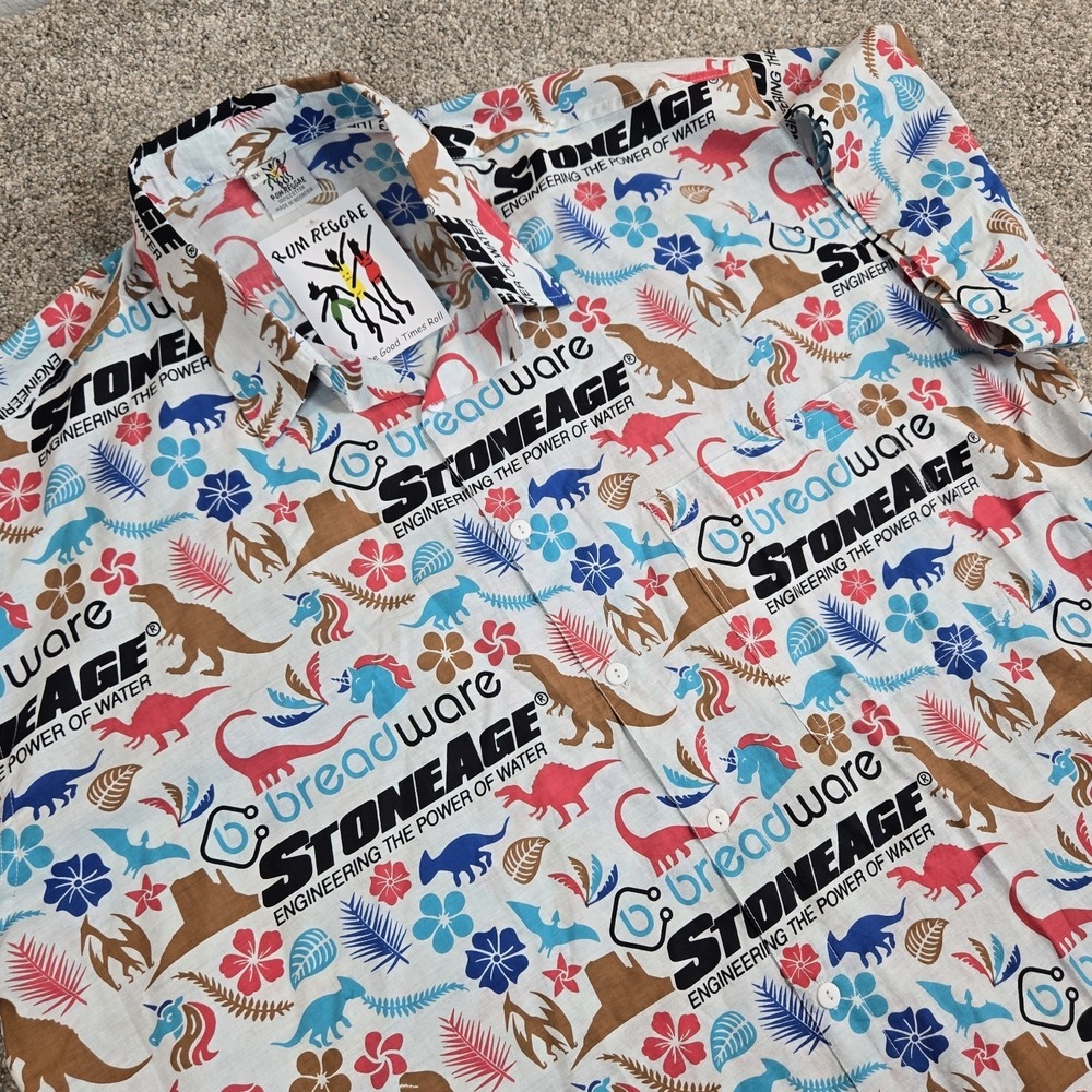 Rum Reggae Mens StoneAge Breadware Button Up Dinosaur Shirt‎ Size 2XL hawaiian